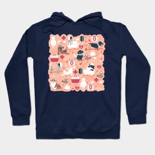 Veterinary medicine, happy and healthy friends // coral background red details navy blue white and brown cats dogs and other animals Hoodie